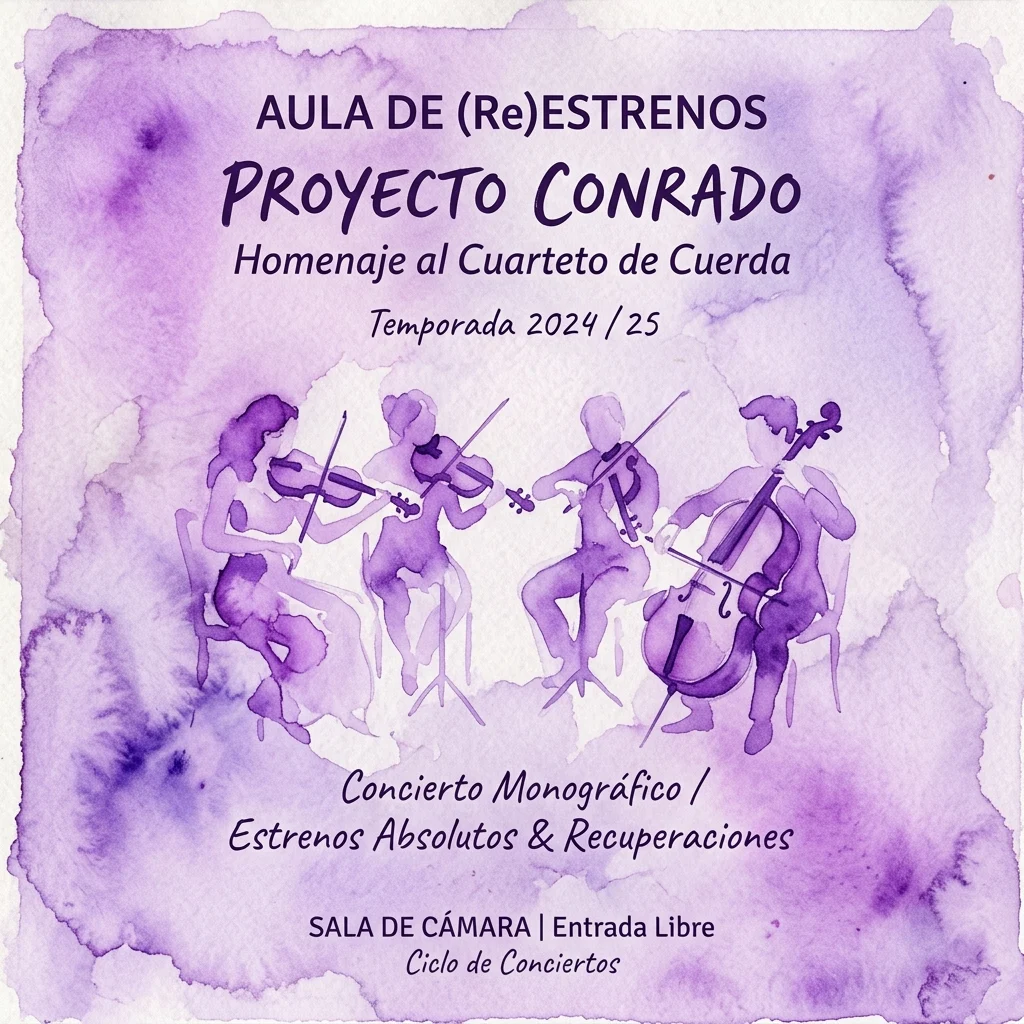 A purple watercolor poster for a classical music concert titled 'Aula de (Re)estrenos' featuring 'Proyecto Conrado' and a string quartet performance, with text indicating it's part of the 2024/25 season and includes premieres and recoveries.