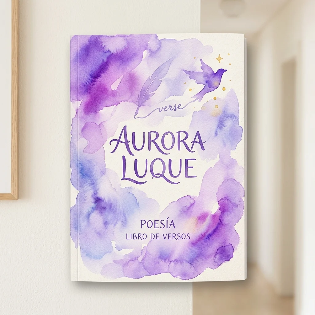 Boekcover van Aurora Luque's 'Poesía: Libro de Versos' met een paars aquarelontwerp met een veer, een vogel en het woord 'verse' in handschrift.