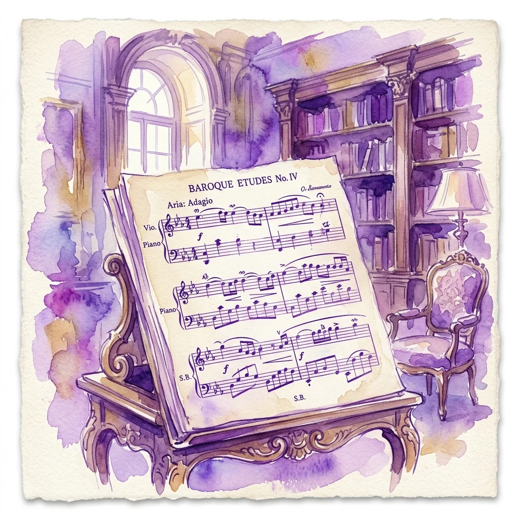 Ilustracja akwarelowa partytury barokowej zatytułowanej 'Baroque Etudes No. IV', wyeksponowana na sztaludze w bibliotece o fioletowej tonacji z półkami na książki i ozdobnym krzesłem.