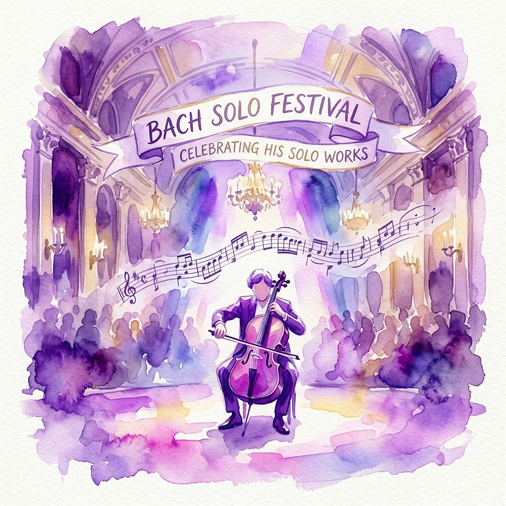 Ilustracja akwarelowa koncertu wiolonczelowego w wielkiej sali, z banerem 'Bach Solo Festival: Celebrując jego solowe dzieła' i nutami unoszącymi się nad wykonawcą.