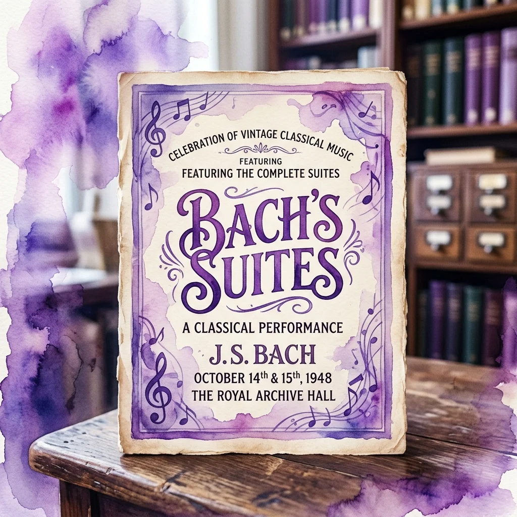 Vintage concertprogramma voor Bachs Suites, met de complete werken van J.S. Bach, gedateerd 14 en 15 oktober 1948, in de Koninklijke Archiefzaal.