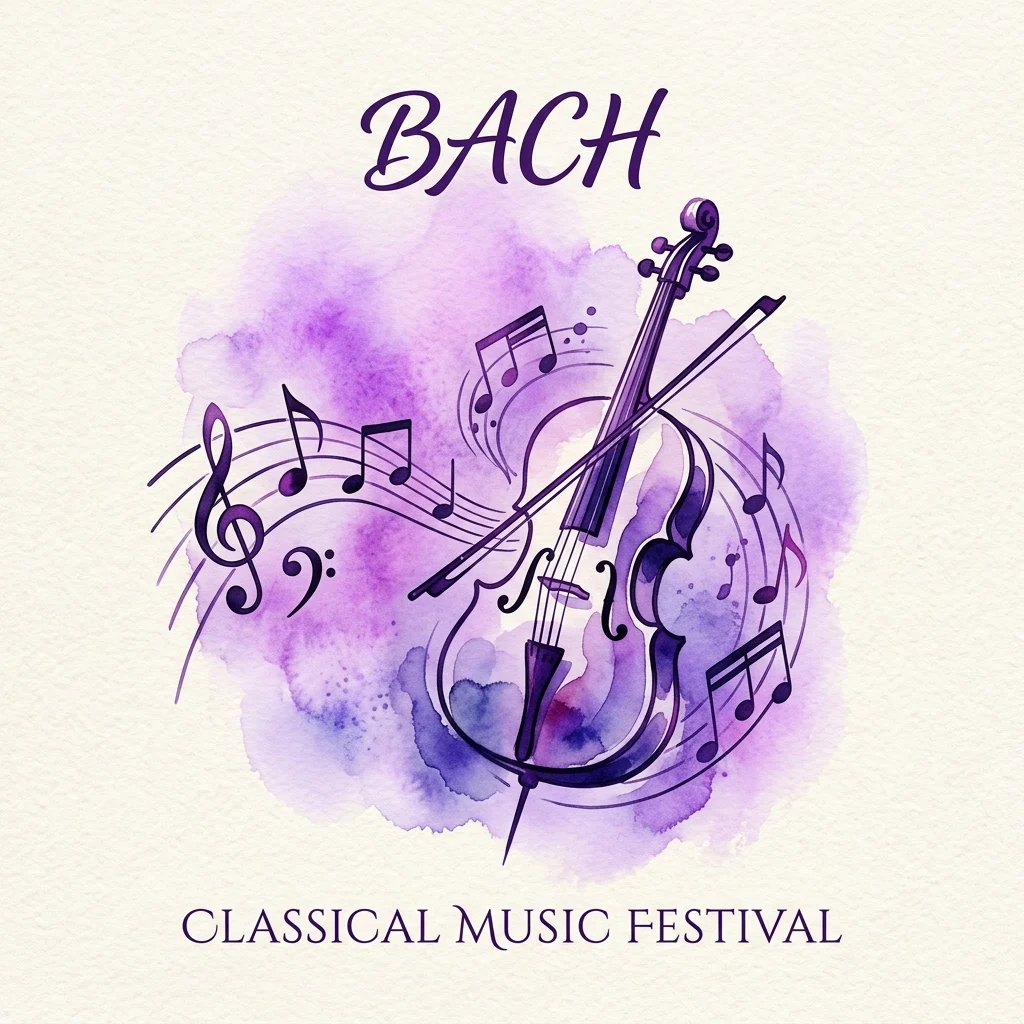 Ilustracja akwarelowa wiolonczeli i nut z napisem 'BACH' i 'CLASSICAL MUSIC FESTIVAL' w kolorze fioletowym, promująca festiwal solowych dzieł Bacha.