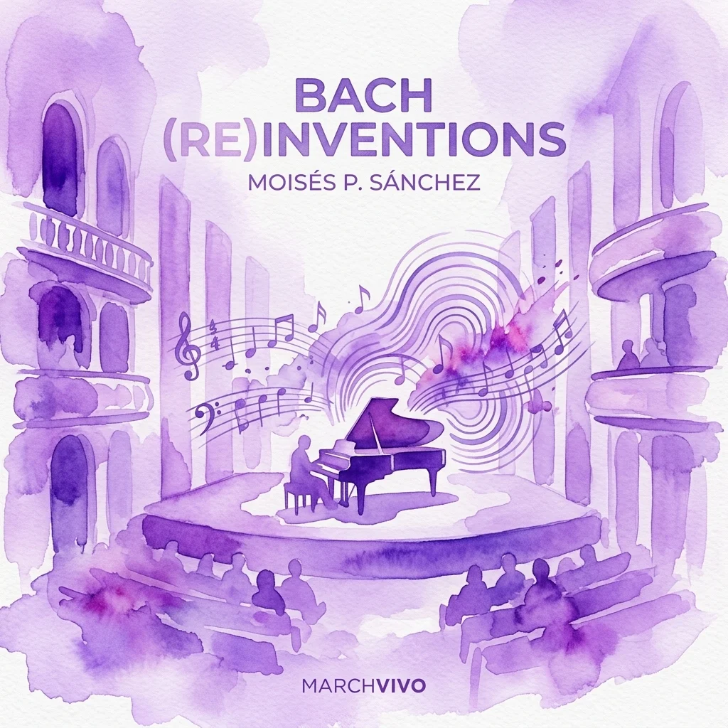Fioletowa akwarelowa ilustracja sali koncertowej z pianistą występującym na scenie, otoczony nutami i abstrakcyjnymi falami dźwiękowymi, promująca album „Bach (Re)Inventions” Moisésa P. Sáncheza.