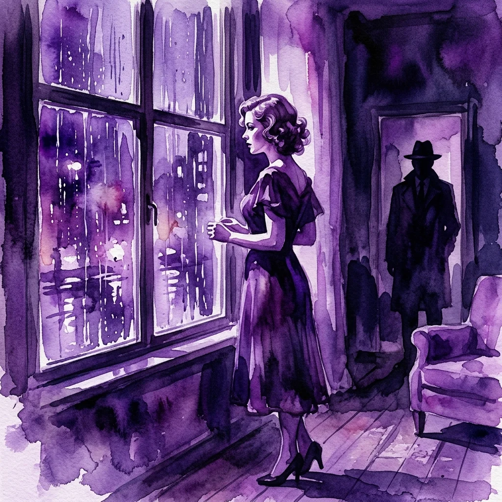 Una mujer con un vestido de los años 30 se para junto a una ventana empañada por la lluvia en un apartamento con poca luz, con un hombre con gabardina y sombrero visible al fondo, evocando una escena clásica de cine negro de Bad Girl (1931) de Frank Borzage.