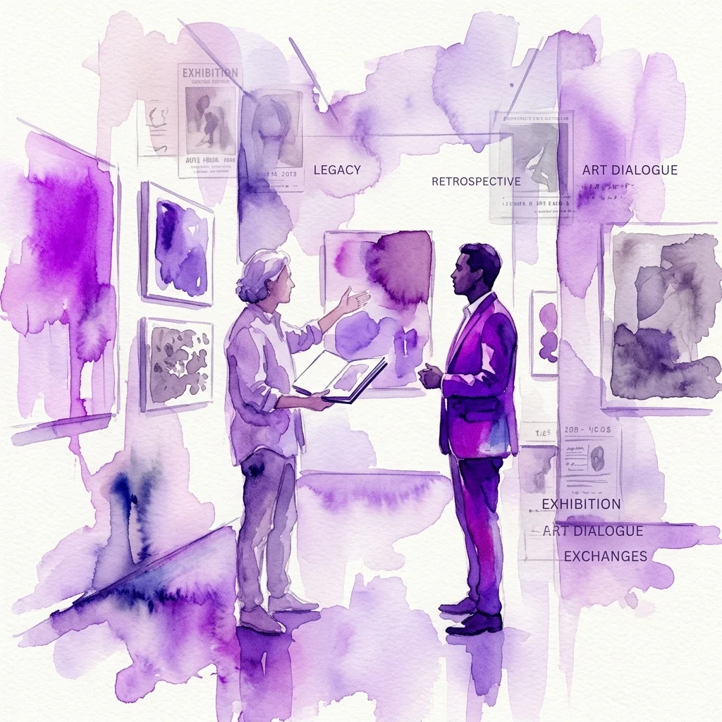 Ilustracja akwarelowa przedstawiająca dwóch rozmawiających mężczyzn w galerii sztuki, otoczonych abstrakcyjnymi dziełami sztuki i elementami tekstowymi, takimi jak 'ART DIALOGUE', 'LEGACY' i 'RETROSPECTIVE', reprezentująca wystawę 'Bob y Leo: Rozmowa Roberta Rauschenberga i Leo Castelliego'.