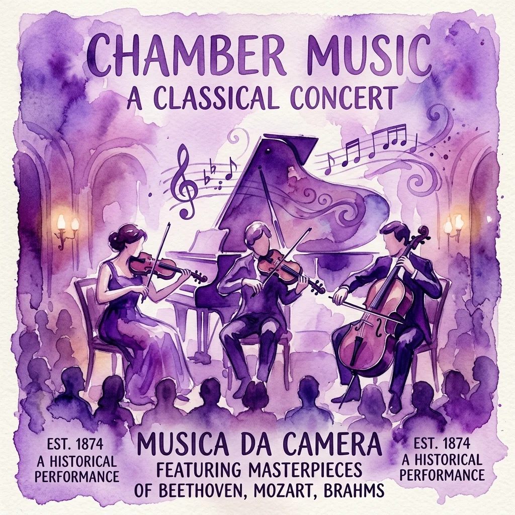 Waterverf poster voor een klassiek kamermuziekconcert met een pianist, violist en cellist die optreden in een historisch gebouw met muzieknoten en een paars kleurenschema.