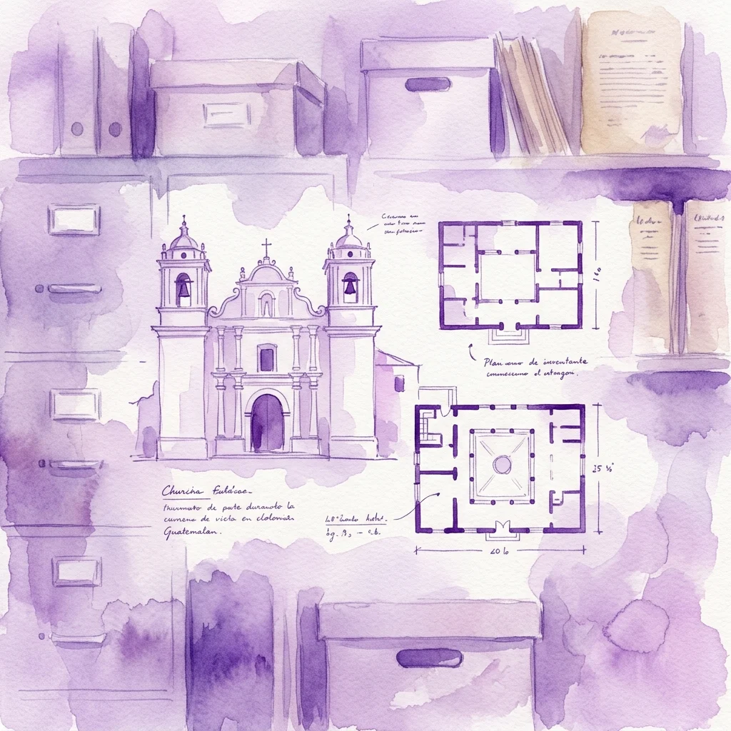 Ilustración en acuarela de bocetos arquitectónicos y planos de iglesias guatemaltecas, que incluyen un dibujo de fachada y planos de planta, en medio de documentos de archivo y libros.