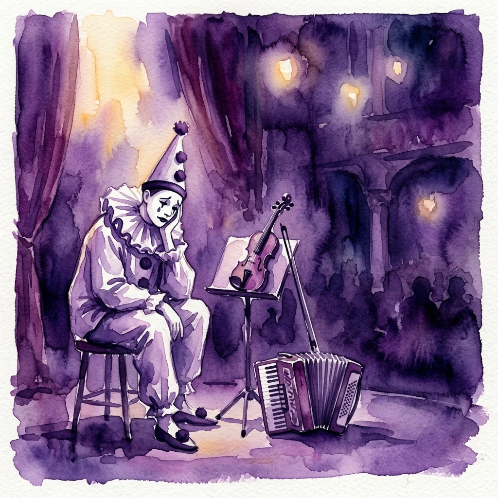 Ilustracja akwarelowa melancholijnego klauna pierrota w zabytkowym kabarecie, siedzącego z altówką i akordeonem, przywołująca melodramatyczną atmosferę.