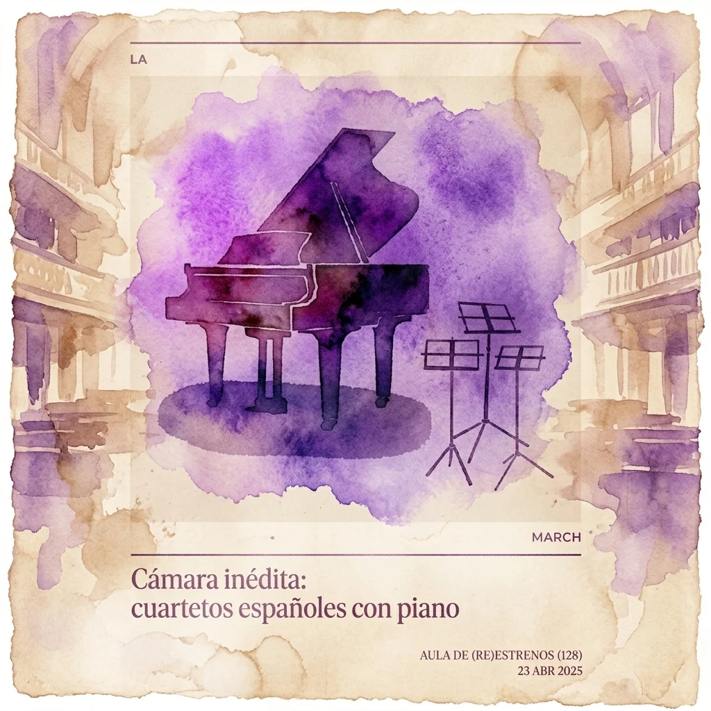 Een aquarelillustratie van een vleugel en lessenaars in een concertzaal, ter promotie van het evenement 'Cámara inédita: cuartetos españoles con piano' op 23 april 2025.