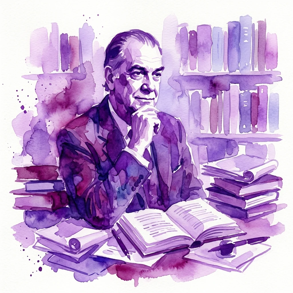Ilustracja akwarelowa pisarza Camilo José Cela siedzącego przy biurku z książkami i rękopisami, otoczonego regałami, oddająca naukowy i literacki klimat.