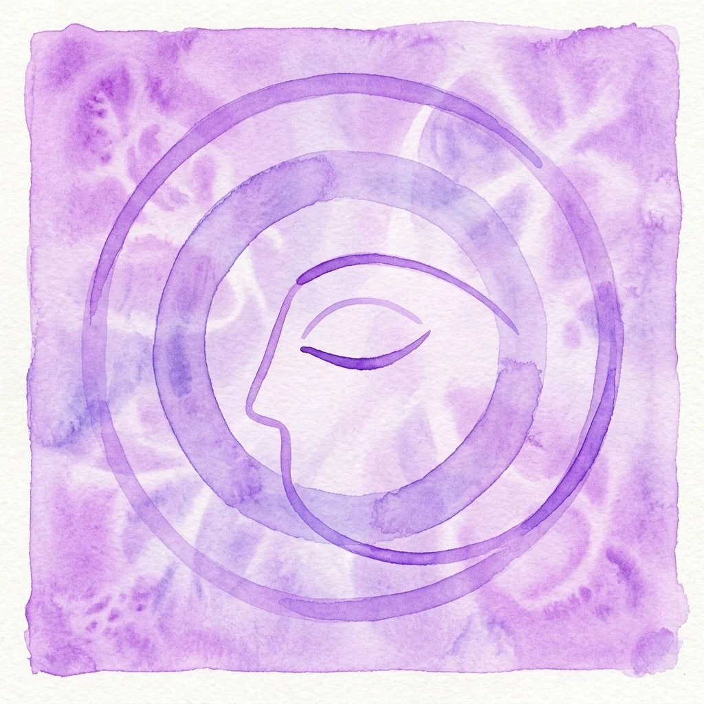 A watercolor illustration of a closed eye within concentric circles on a purple tie-dye background, evoking introspection and cyclical time.