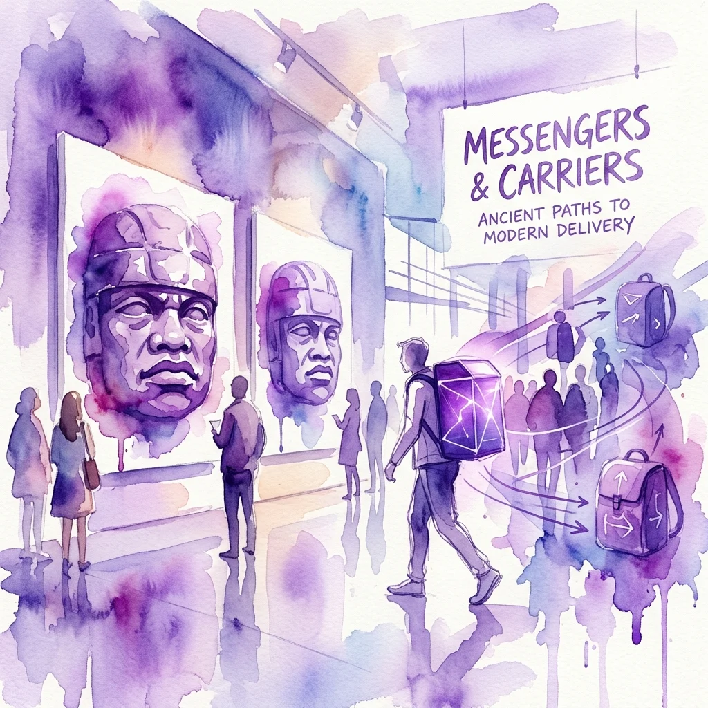 Ilustracja akwarelowa wystawy sztuki zatytułowanej 'Messengers & Carriers: Ancient Paths to Modern Delivery', przedstawiająca duże głowy w stylu olmeckim oraz postać niosącą plecak przypominający głowę olmecką, z odwiedzającymi oglądającymi dzieła sztuki.