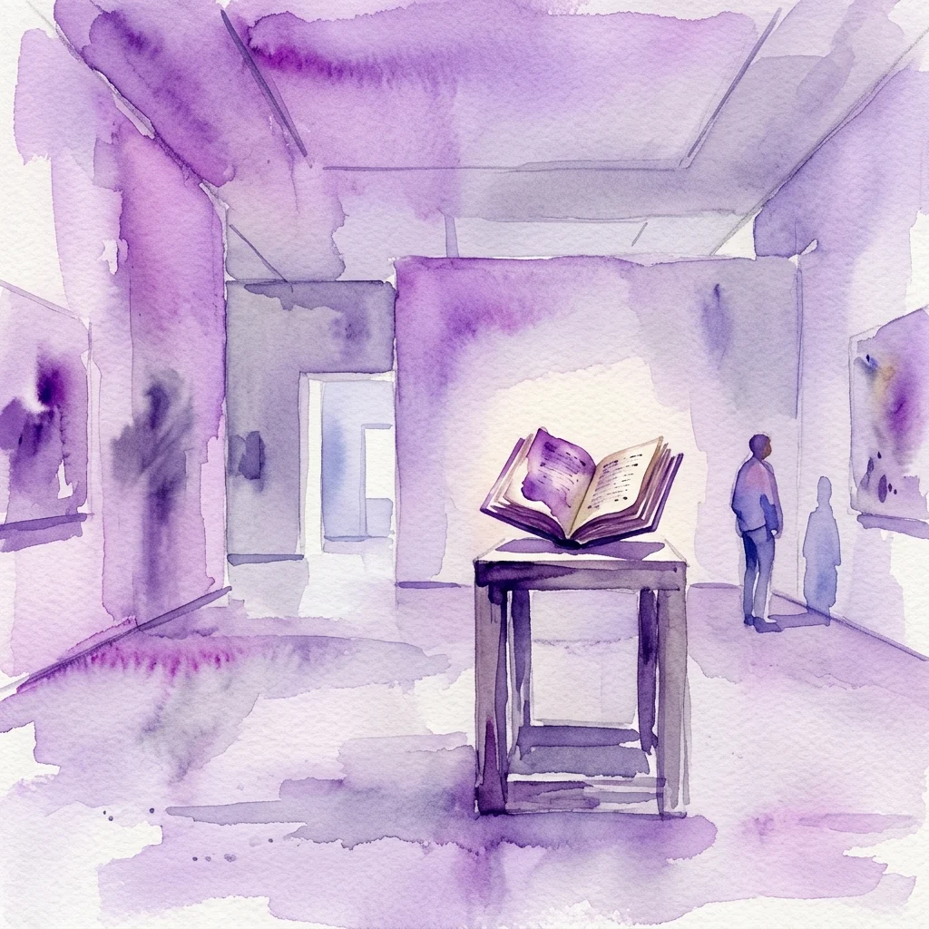 Ilustracja akwarelowa minimalistycznej galerii sztuki o fioletowej atmosferze, z otwartą księgą na piedestale jako centralnym eksponatem, a w tle zwiedzający ją obserwujący.
