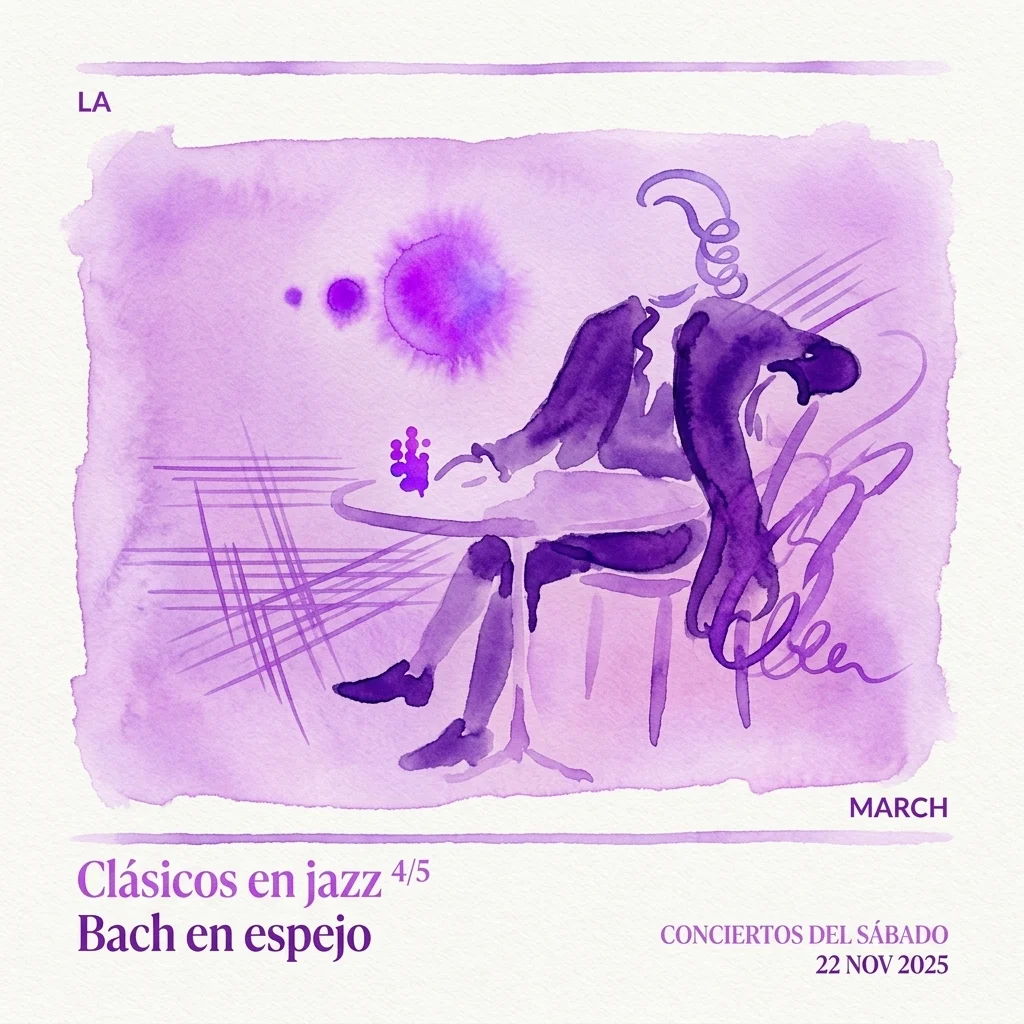 Paarse aquarelillustratie van een muzikant aan een tafel, ter promotie van de concertreeks 'Clásicos en jazz' met 'Bach en espejo' op 22 november 2025, door La March.