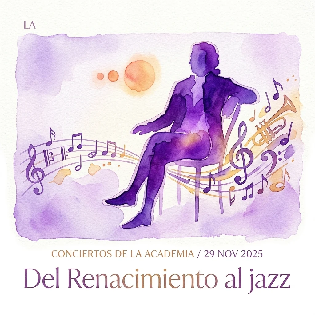 Ilustracja akwarelowa muzyka w stroju renesansowym otoczonego nutami przechodzącymi od klasyki do jazzu, promująca koncert pod tytułem 'Del Renacimiento al jazz' w dniu 29 listopada 2025.