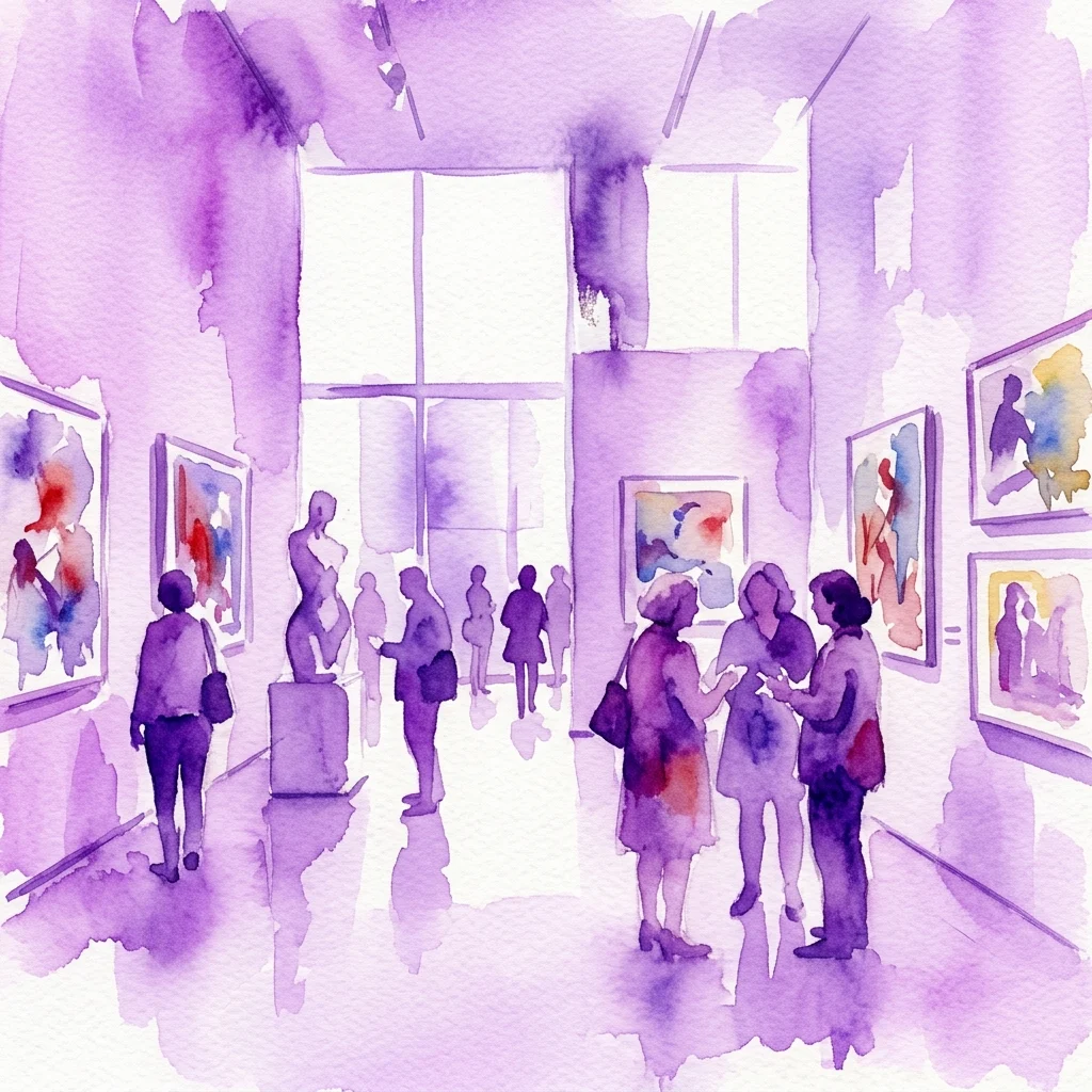 Ilustracja akwarelowa przedstawiająca zwiedzających w nowoczesnej galerii sztuki oglądających abstrakcyjne dzieła z wystawy Kolekcji Yera w Fundació Juan March.