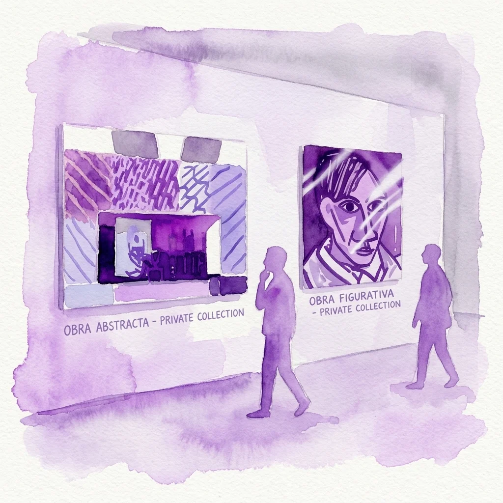 Ilustracja akwarelowa galerii sztuki z dwoma wystawionymi obrazami: abstrakcyjnym dziełem z etykietą 'OBRA ABSTRACTA - PRIVATE COLLECTION' i figuratywnym portretem z etykietą 'OBRA FIGURATIVA - PRIVATE COLLECTION', a także dwoma zwiedzającymi obserwującymi dzieła sztuki.