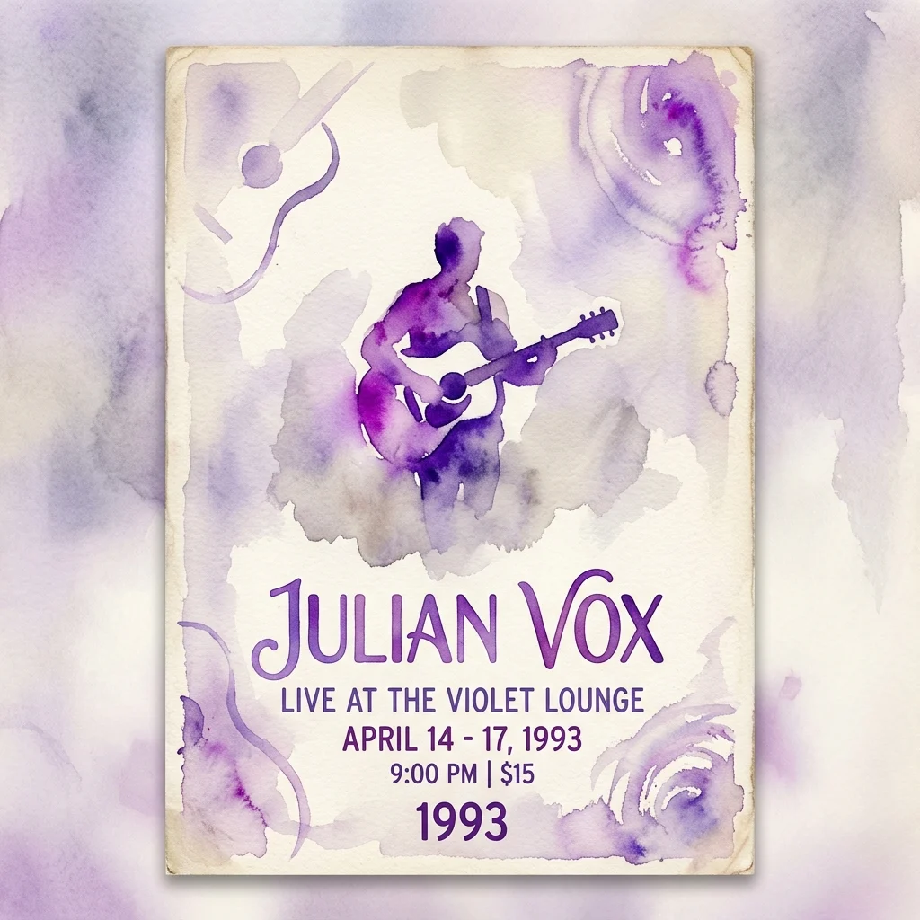 Plakat akwarelowy na występ na żywo Juliana Voxa w 1993 roku w klubie Violet Lounge, zawierający fioletowy zarys gitarzysty i szczegóły wydarzenia.