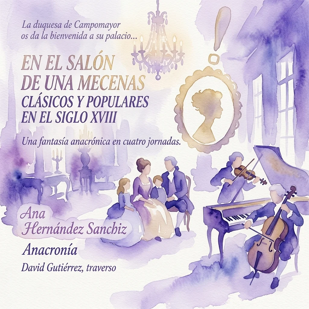 Een aquarelillustratie van een gezin dat een klassiek concert uit de 18e eeuw bijwoont in een historische salon, met musici die instrumenten uit die tijd bespelen, zoals de piano, viool en cello.
