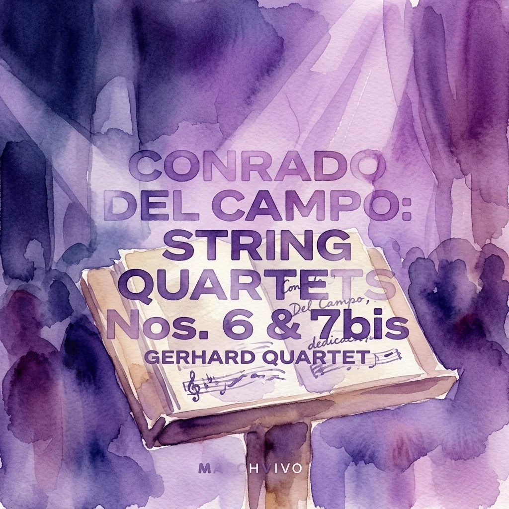 Ilustración en acuarela de una partitura musical de los Cuartetos de Cuerda n.º 6 y 7 bis de Conrado del Campo, interpretados por el Cuarteto Gerhard, con un fondo artístico morado y azul.