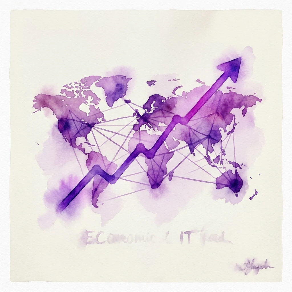 Purple watercolor illustration of a world map with an upward-trending arrow and connecting lines, symbolizing economic growth and international trade.