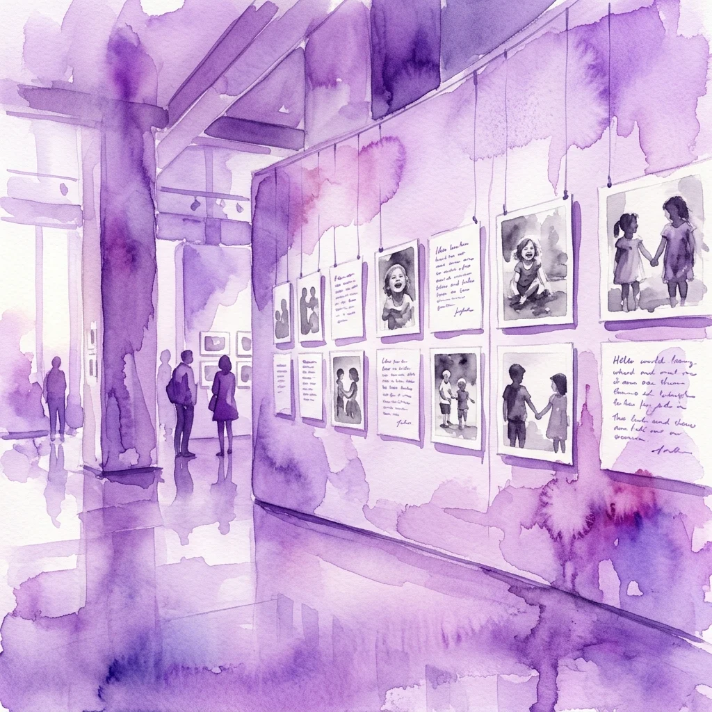 Ilustracja akwarelowa galerii muzealnej w odcieniach fioletu, prezentująca czarno-białe fotografie dzieci i ich odręczne historie z wystawy „Fifteen Instant Tales” Cristóbala Hary.