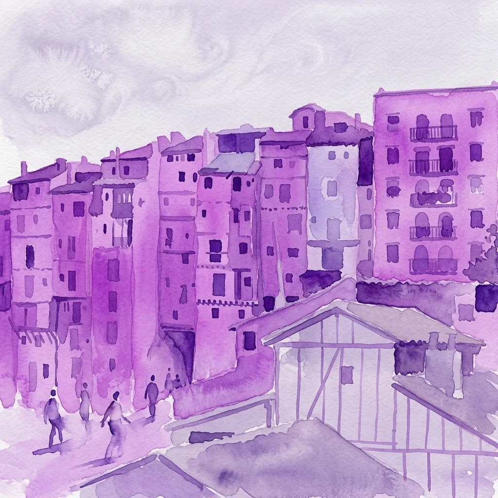 Een paarse aquarelillustratie van historische gebouwen en smalle straatjes in Cuenca, Spanje, die de essentie van Cristóbal Hara's vroege fotografische ontdekkingen vastlegt.