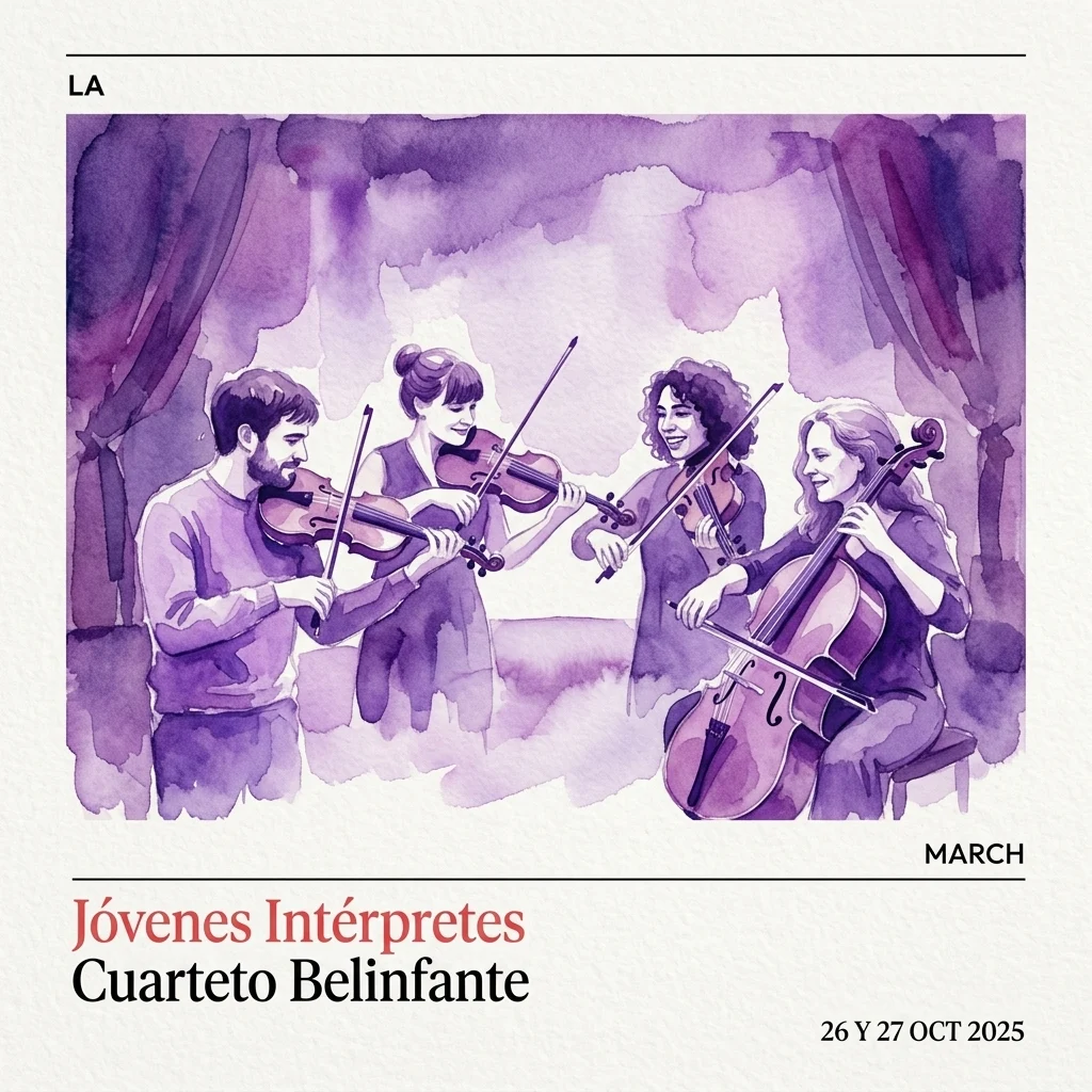 Ilustracja akwarelowa kwartetu Cuarteto Belinfante występującego w ramach cyklu Jóvenes Intérpretes, przedstawiająca czterech muzyków z instrumentami smyczkowymi na scenie.