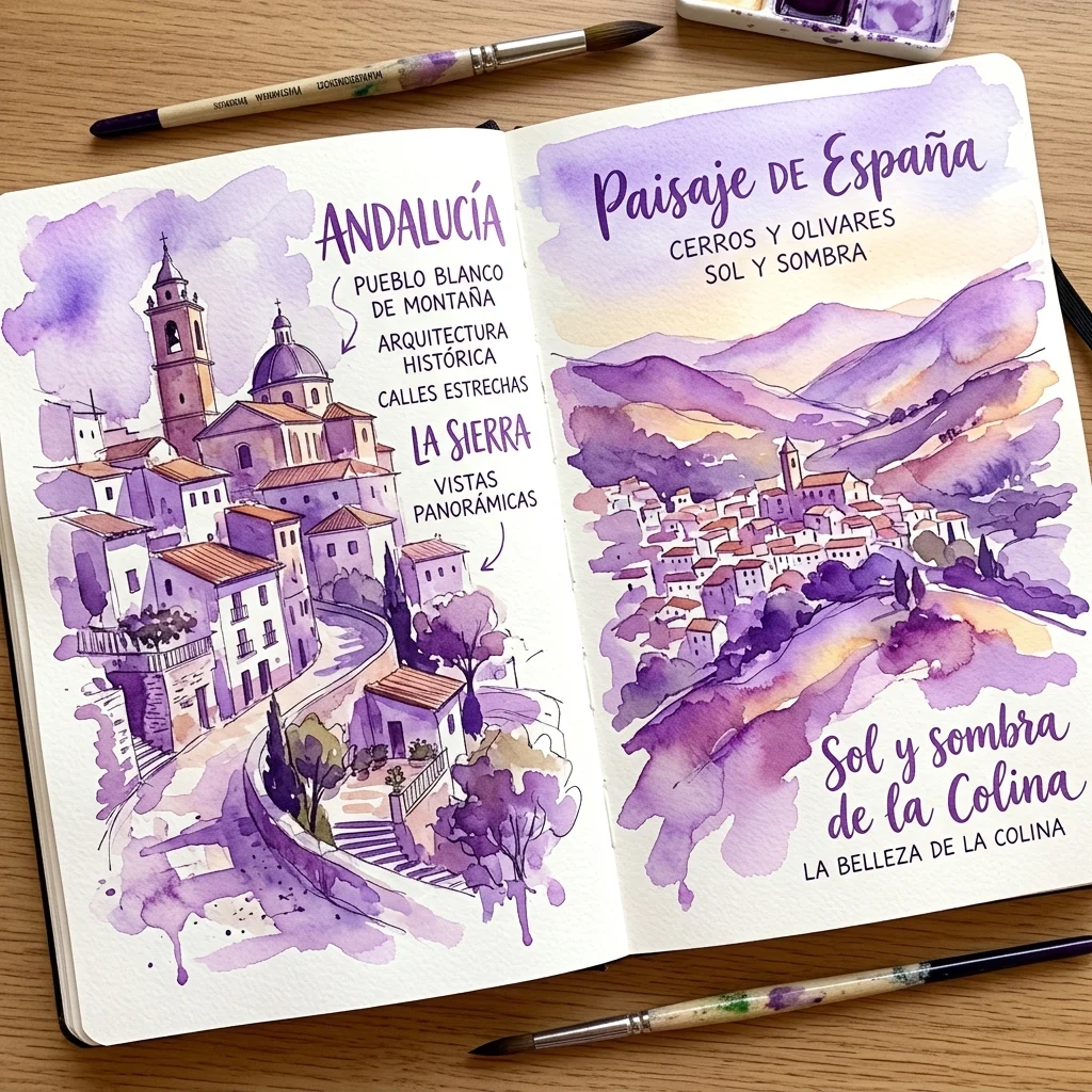 Otwarty szkicownik z akwarelowymi ilustracjami hiszpańskiego miasteczka na wzgórzu, z tekstem w języku hiszpańskim opisującym Andaluzję, białe górskie wsie i malownicze widoki, otoczony pędzlami na drewnianej powierzchni.