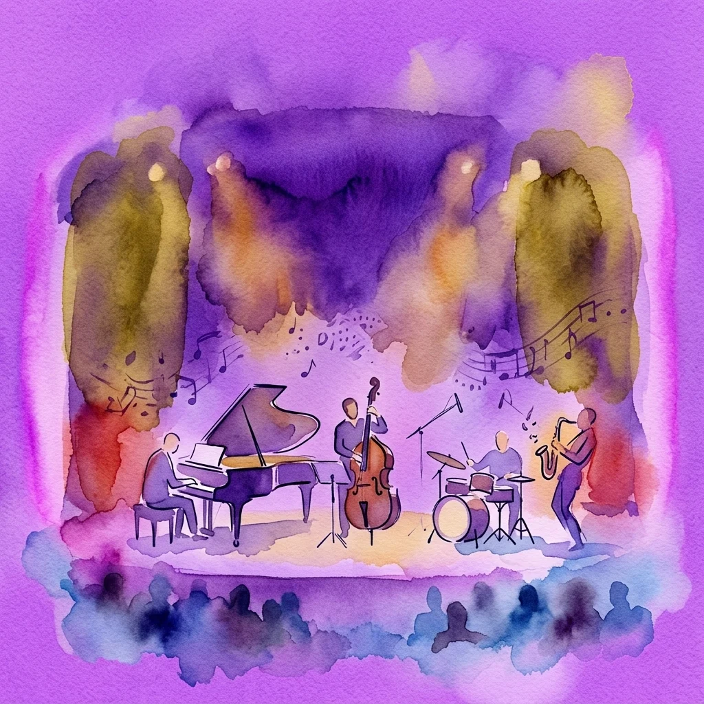 Waterverfillustratie van een jazzkwartet dat optreedt op een podium, met een pianist, contrabassist, drummer en saxofonist, met muzieknoten die in de lucht zweven onder warme podiumverlichting.