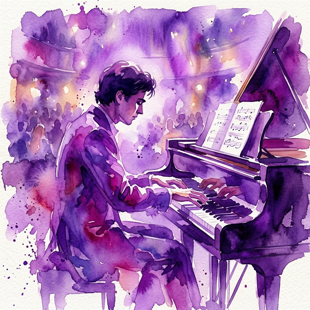 Ilustracja akwarelowa klasycznego muzyka grającego na fortepianie w sali koncertowej, z nutami na stojaku i publicznością w purpurowym odcieniu w tle.
