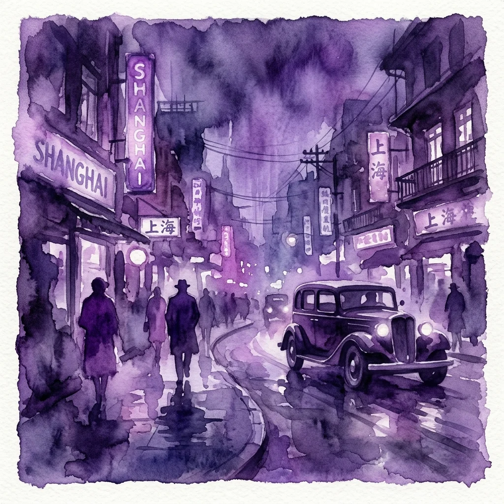 Ilustracja akwarelowa nastrojowej ulicy w Szanghaju o nocnej porze, w odcieniach fioletu, z zabytkowym samochodem, neonami z napisem „SHANGHAI” po angielsku i chińsku oraz zacienionymi postaciami, przywołująca atmosferę filmu „Szanghaj Express” z 1932 roku w reżyserii Josefa von Sternberga.