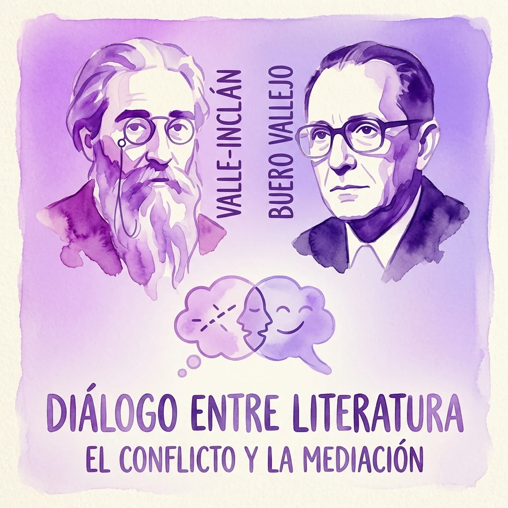 Ilustracja akwarelowa hiszpańskich dramatopisarzy Ramóna Maríi del Valle-Inclána i Antonio Buero Vallejo, z tekstem „Diálogo entre literatura: El conflicto y la mediación” na fioletowym tle.