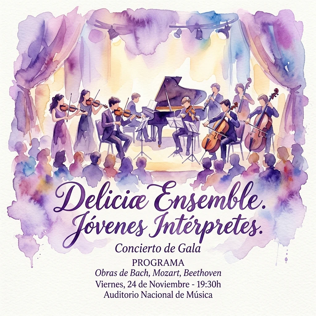 Ilustracja akwarelowa Deliciæ Ensemble wykonującego koncert muzyki klasycznej z udziałem skrzypiec, wiolonczeli i fortepianu na scenie, z tekstem 'Deliciæ Ensemble. Jóvenes Intérpretes.'