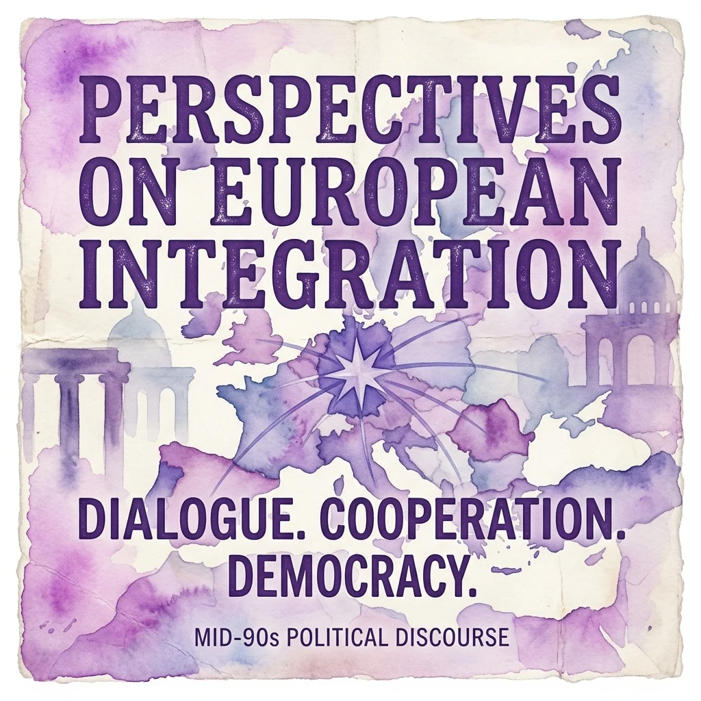 Plakat z epoki zatytułowany 'Perspektywy integracji europejskiej' z fioletowym wzorem akwarelowym, przedstawiający mapę Europy, sylwetki architektoniczne oraz tekst podkreślający dialog, współpracę i demokrację z dyskursu politycznego połowy lat 90.