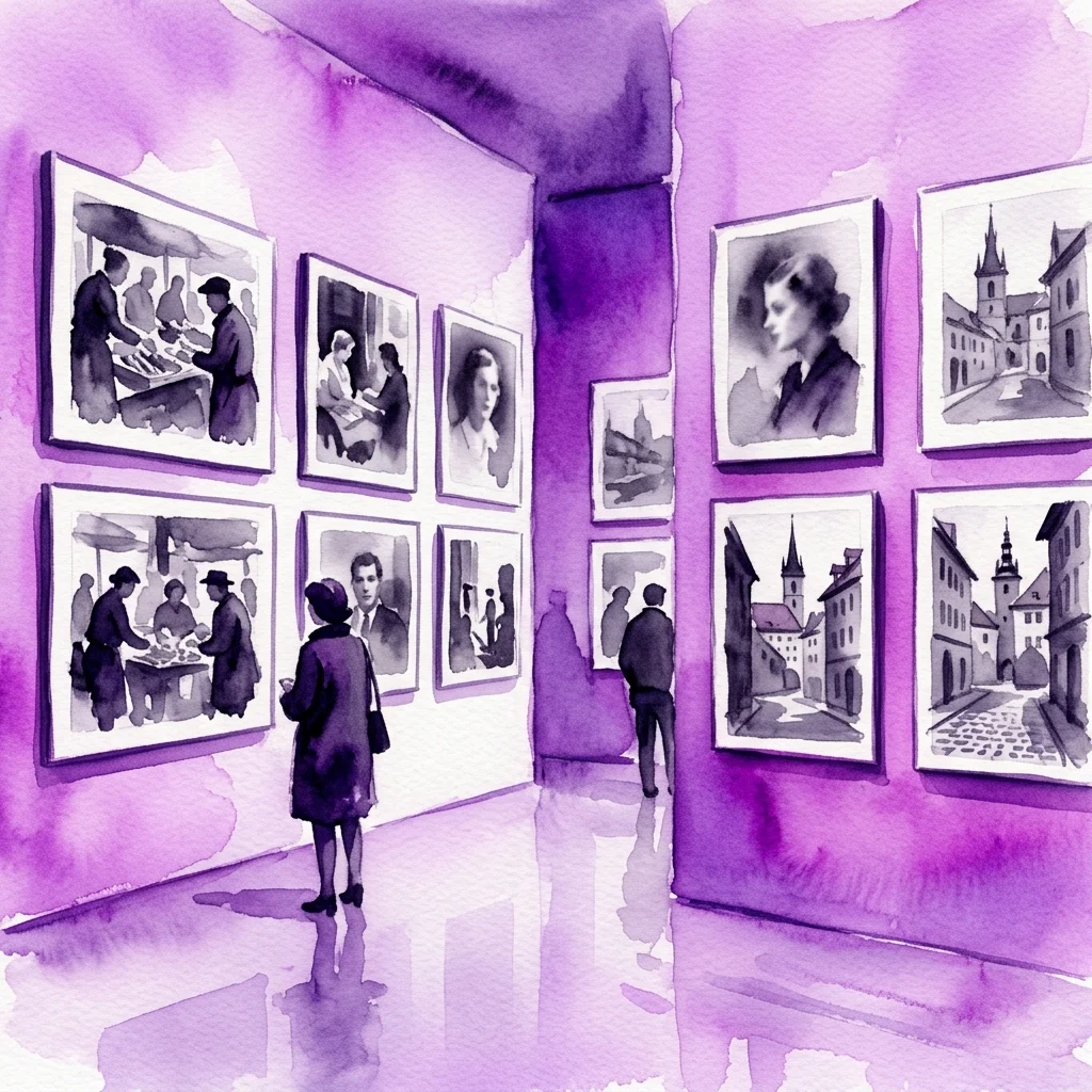 Ilustracja akwarelowa galerii sztuki z fioletowymi ścianami, prezentująca czarno-białe fotografie życia w Europie Środkowej, portrety i architekturę ze zbiorów Dietmara Siegerta z lat 1912-1974.