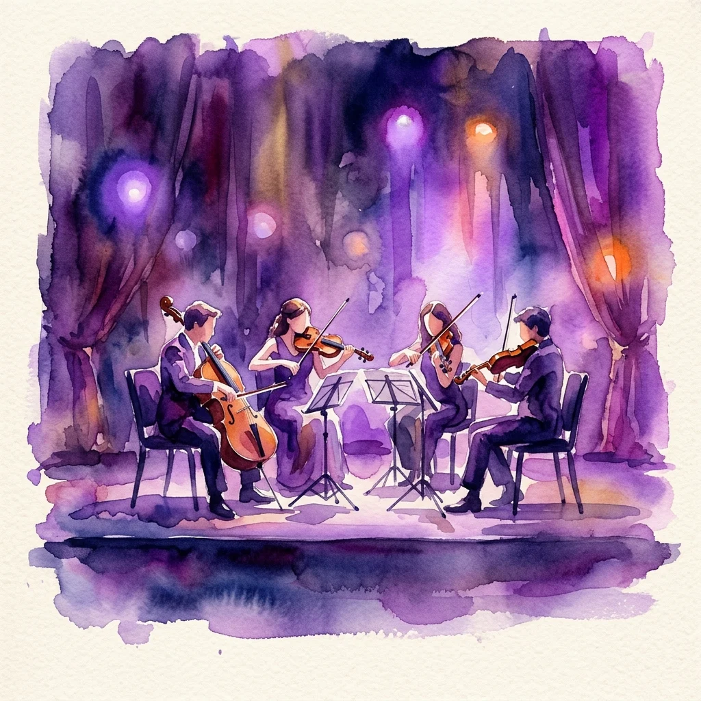 Ilustracja akwarelowa zespołu muzyki kameralnej występującego na scenie z fioletowym oświetleniem i kurtynami, reprezentująca wydarzenie 'Domitila. Teatro Musical de Cámara'.