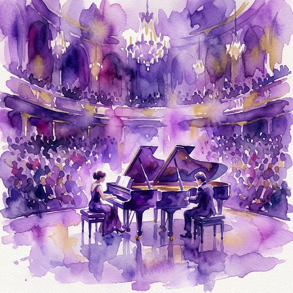 Ilustracja akwarelowa duetu fortepianowego występującego w eleganckiej sali koncertowej o fioletowo-złotej kolorystyce, przedstawiająca koncert muzyki klasycznej w wykonaniu Dúo Moreno Gistaín.