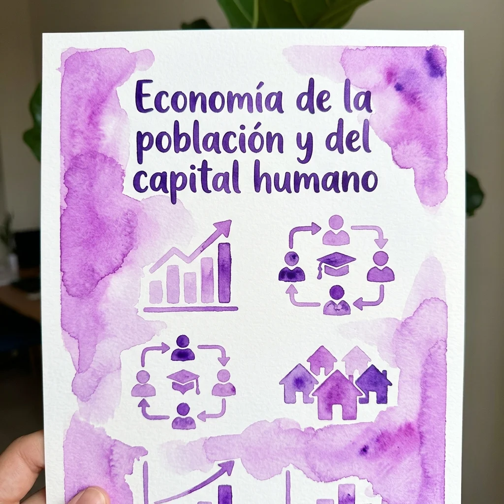 Een aquarelillustratie van een document met de titel 'Economía de la población y del capital humano' met paarse afbeeldingen die concepten van bevolking, onderwijs en economische groei weergeven.