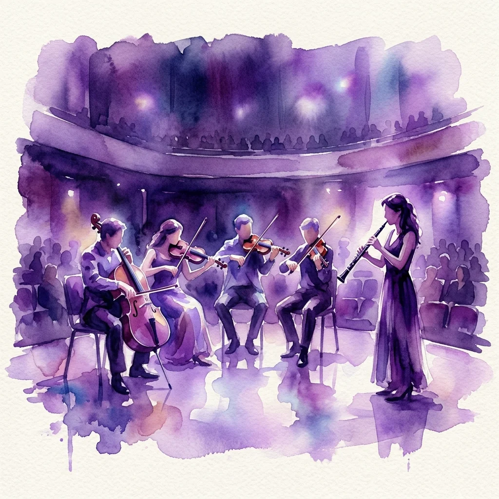 A watercolor illustration of a string quartet with an oboist performing on stage in a modern concert hall with purple lighting and an audience in the background.