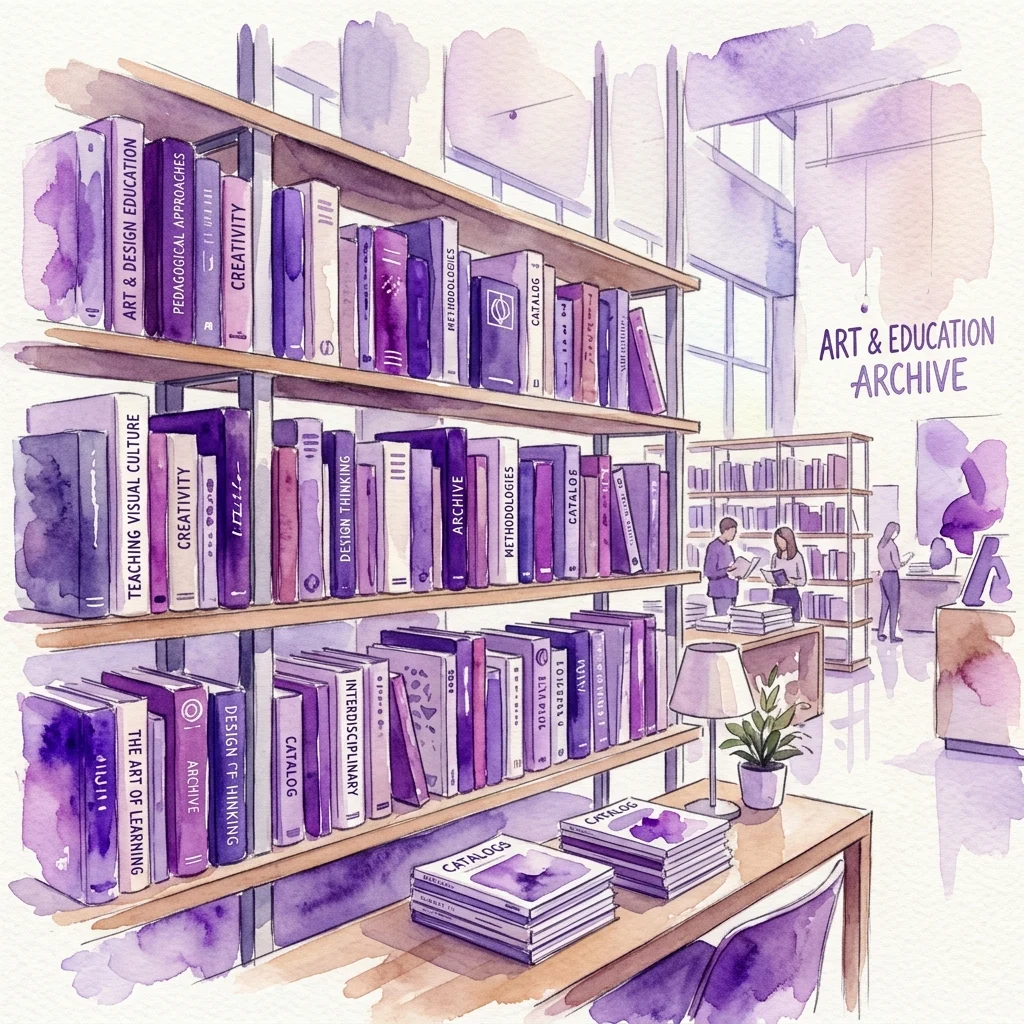 Ilustracja akwarelowa przedstawiająca archiwum biblioteczne z półkami pełnymi książek o sztuce, projektowaniu i edukacji, w tym tytułów takich jak „Edukacja Artystyczna i Projektowa” i „Podejścia Pedagogiczne”, z tablicą z napisem „Archiwum Sztuki i Edukacji” oraz ludźmi przeglądającymi księgi w tle.