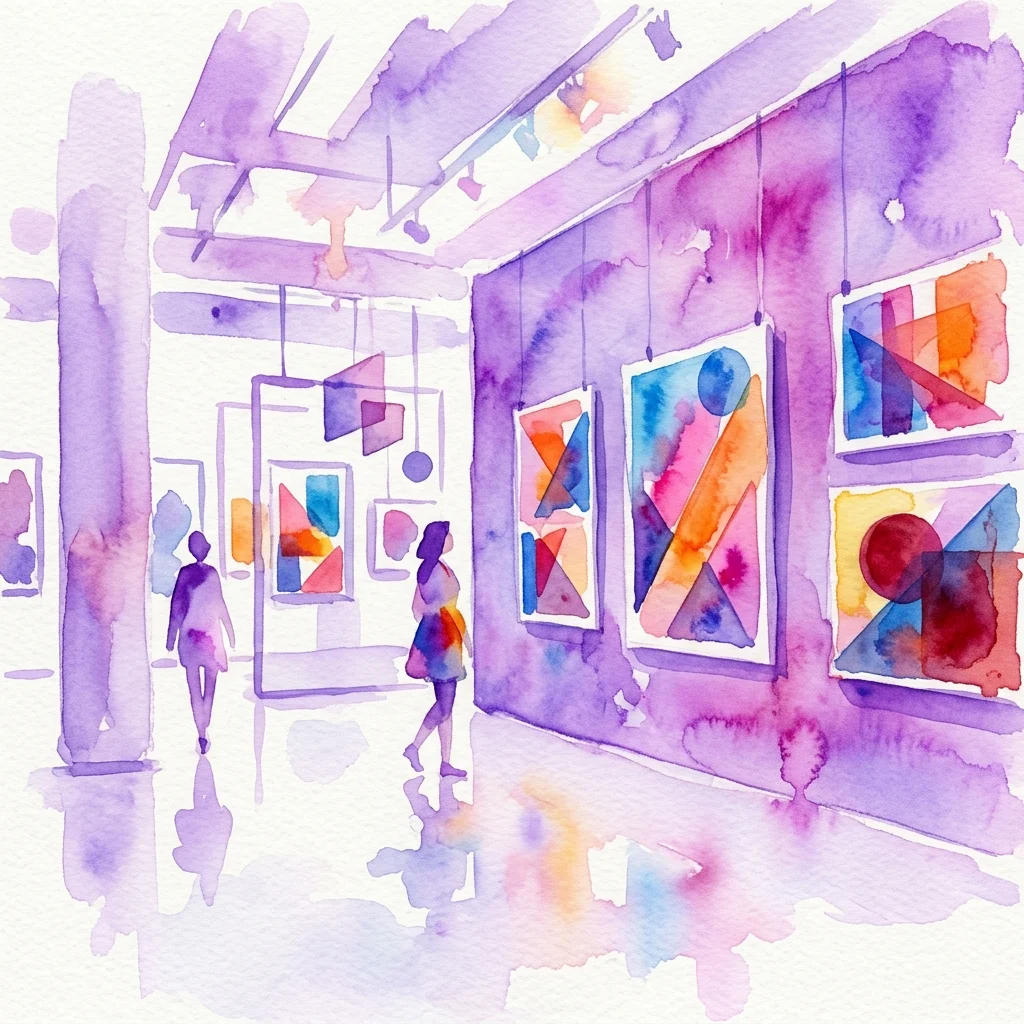 Ilustracja akwarelowa wnętrza galerii sztuki z abstrakcyjnymi geometrycznymi dziełami sztuki w żywych kolorach, z odwiedzającymi zwiedzającymi przestrzeń wystawienniczą.