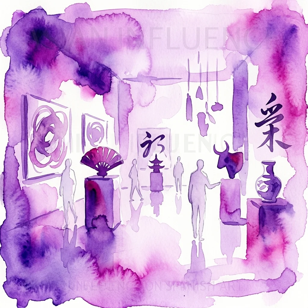 Una ilustración en acuarela de una exposición de arte contemporáneo con obras de inspiración asiática, que incluyen caligrafía, abanicos y esculturas, con visitantes explorando el espacio de la galería.