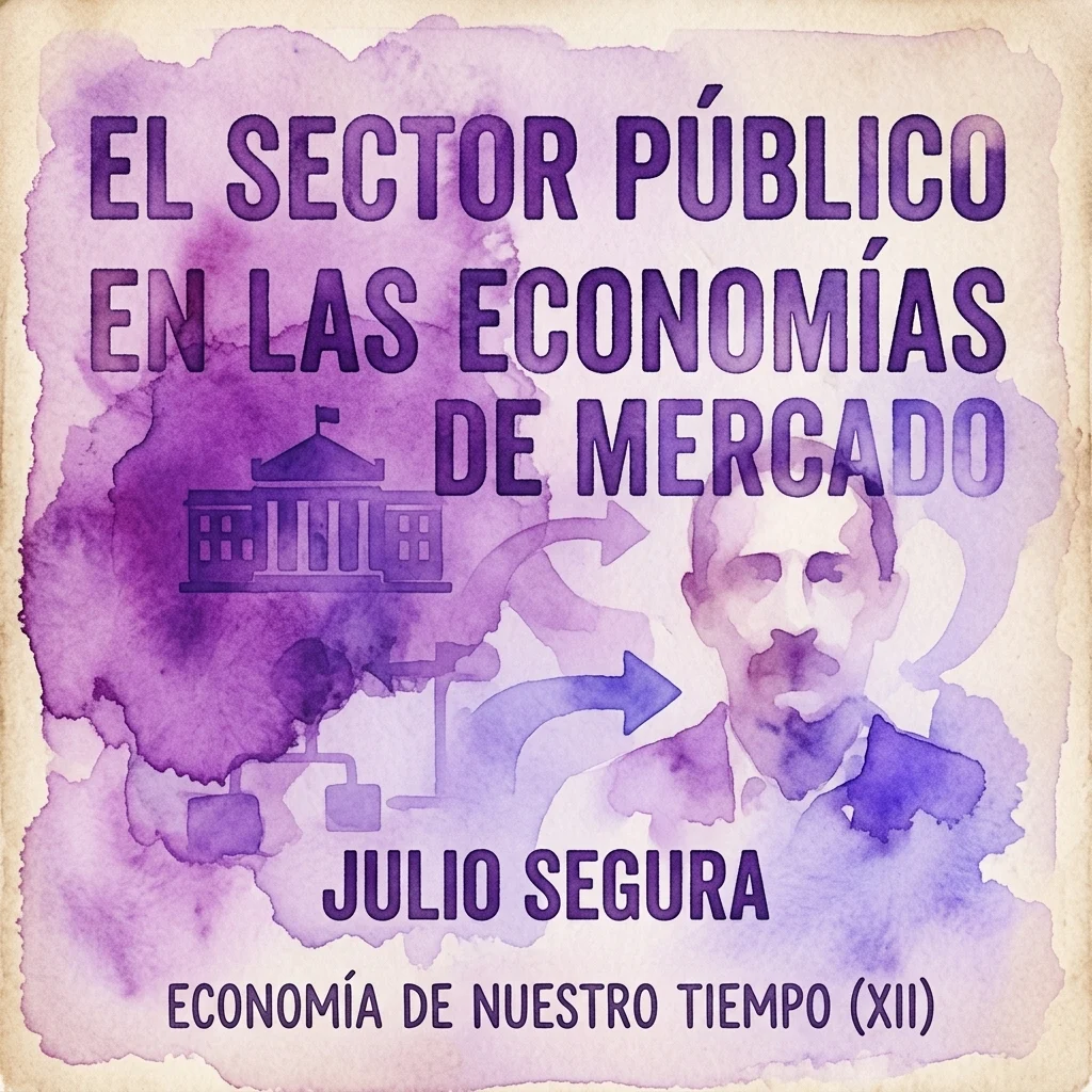 Okładka vintage z fioletowym akwarelowym wzorem, zawierająca tytuł 'El Sector Público en las Economías de Mercado' autorstwa Julio Segury, część serii 'Economía de Nuestro Tiempo (XII)'.