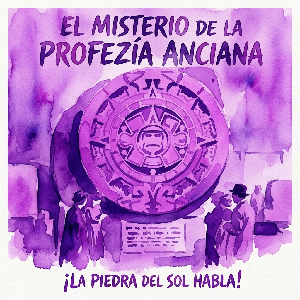 Vintage meksykański plakat filmowy 'El Misterio de la Profecía Anciana' z stylizowanym azteckim kamieniem słonecznym z dramatycznymi fioletowymi efektami akwareli i sylwetkami postaci obserwujących artefakt.