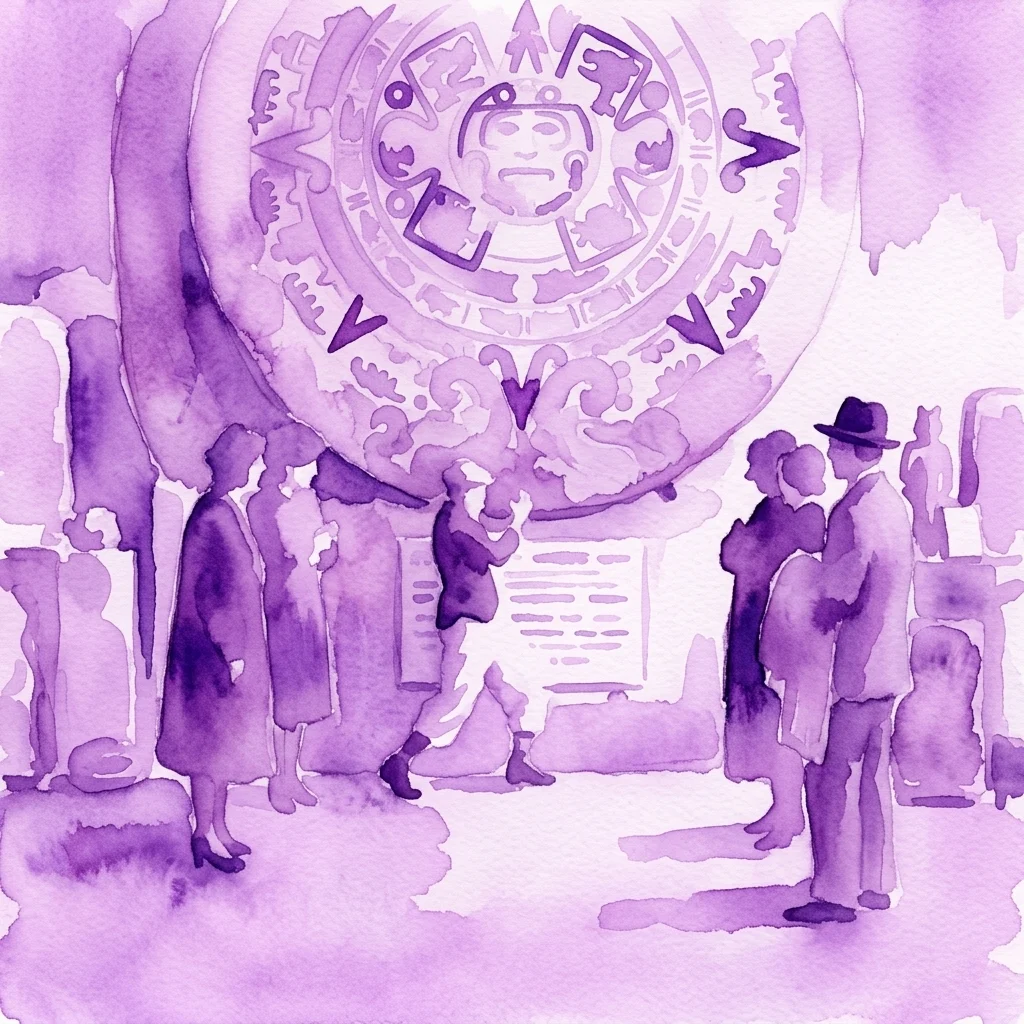 Fioletowa ilustracja akwarelowa sceny w stylu film noir w muzeum, przedstawiająca sylwetki ludzi obserwujących aztecki kamień kalendarzowy, nawiązująca do meksykańskiego filmu 'El signo de la muerte' z 1939 roku.