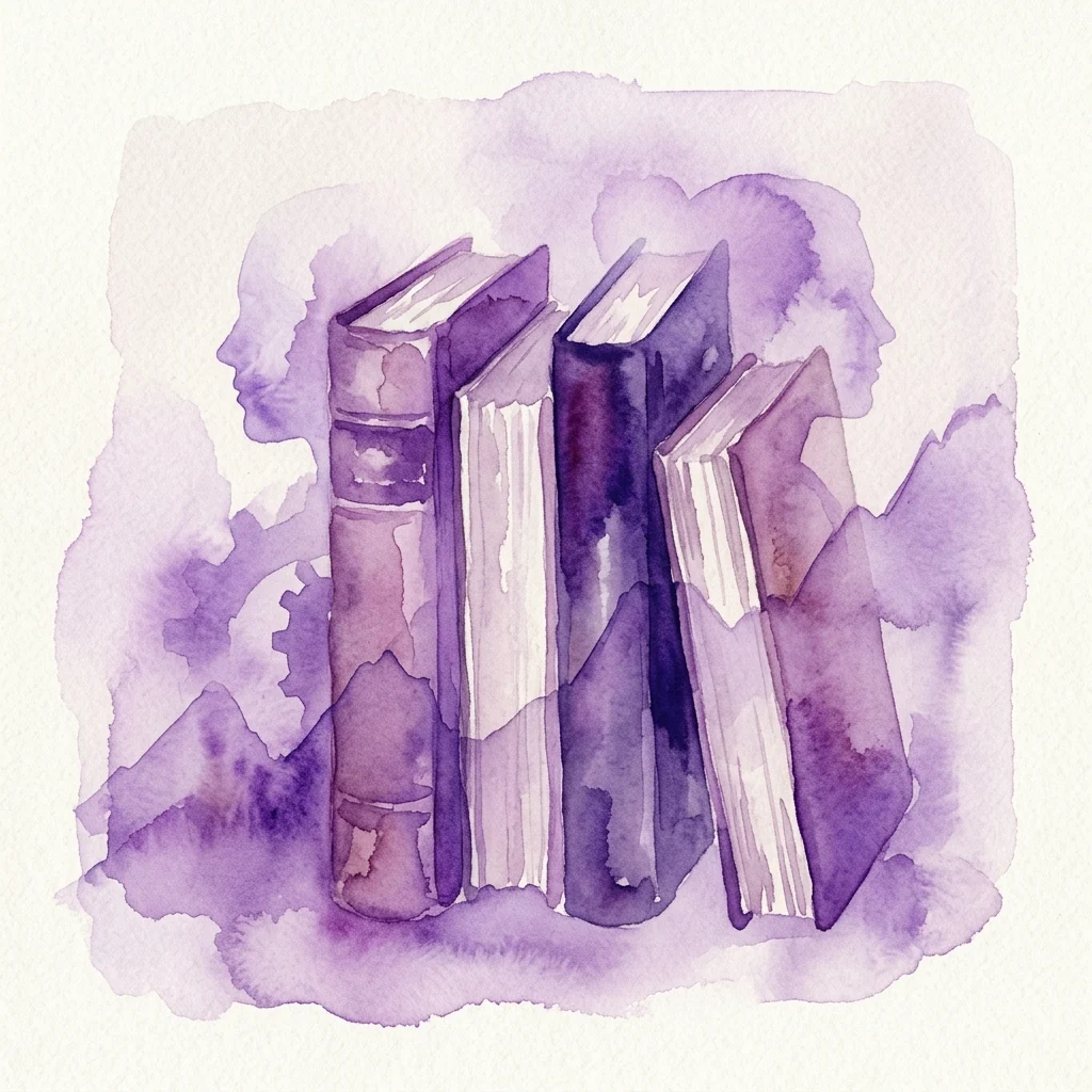 Waterverfillustratie van vintage boeken met paarse tinten, met vage silhouetten van gezichten op de achtergrond, die het thema economische onderontwikkeling vertegenwoordigen.