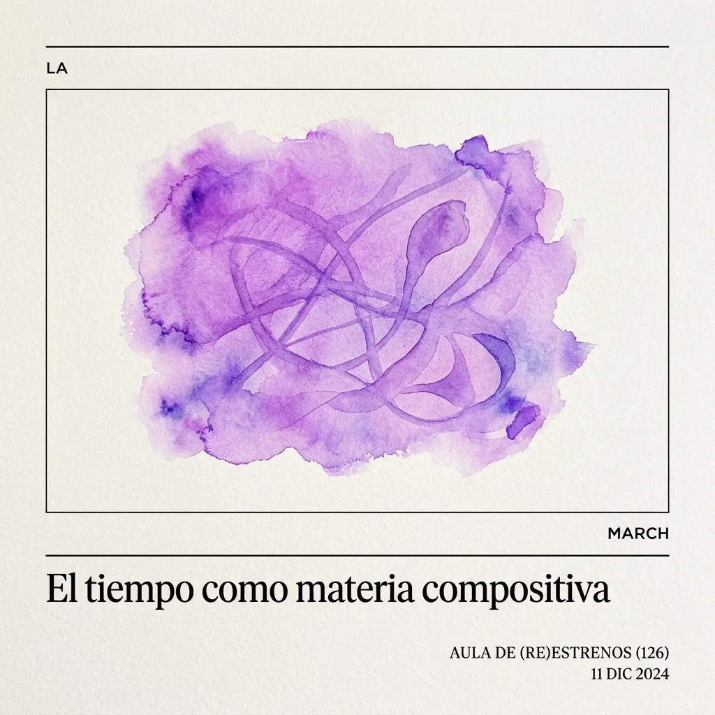 Abstract paars aquarelkunstwerk met verweven lijnen, dat tijd voorstelt als een compositorisch materiaal, voor het evenement Aula de (Re)estrenos van de March Foundation op 11 december 2024.