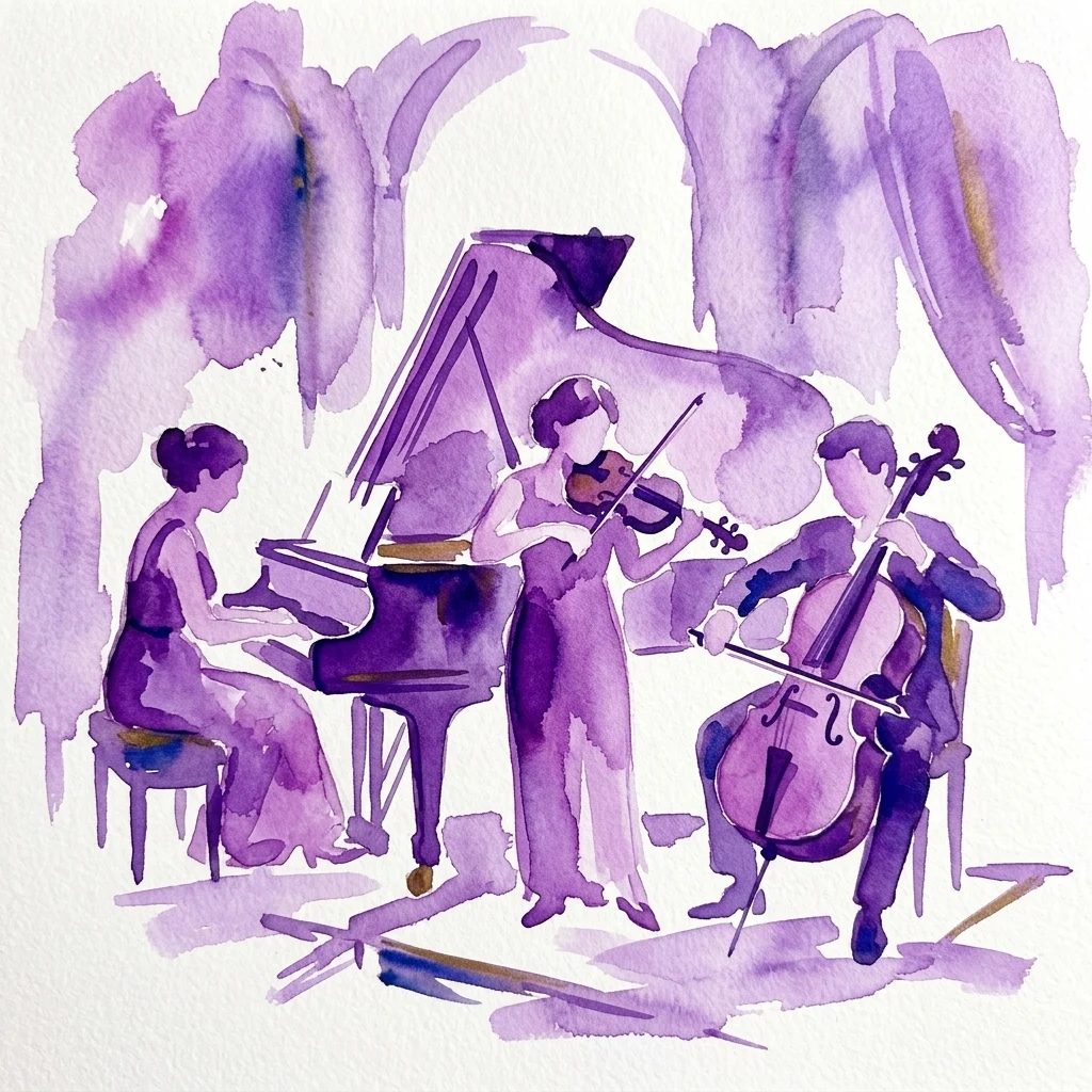 Een aquarelillustratie van een pianotrio dat optreedt met een vleugel, viool en cello, weergegeven in paarse tinten.