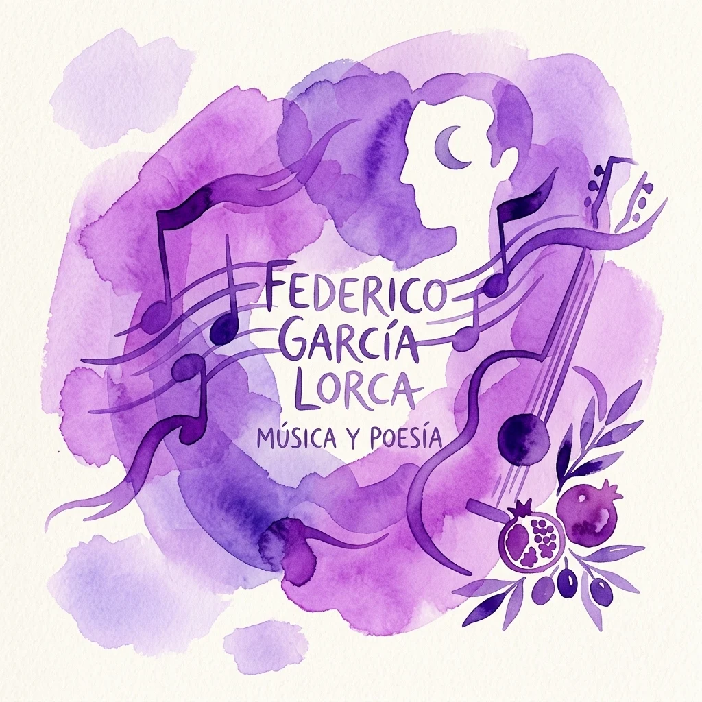 Fioletowa akwarelowa ilustracja przedstawiająca sylwetkę Federico Garcíi Lorki z nutami, gitarą i granatami, z tekstem „Federico García Lorca Música y Poesía”